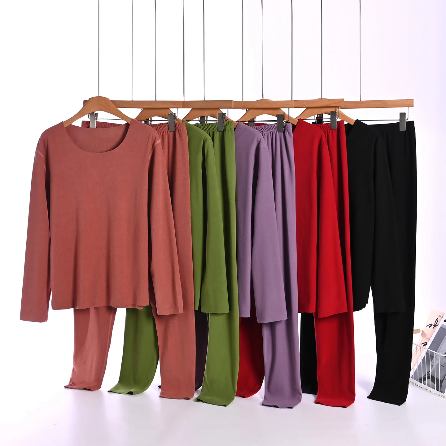 Women's plus Size round Neck Thermal Underwear Set Thickened Dervo Base Shirt Pants Two-Piece Set Autumn Winter Warmth