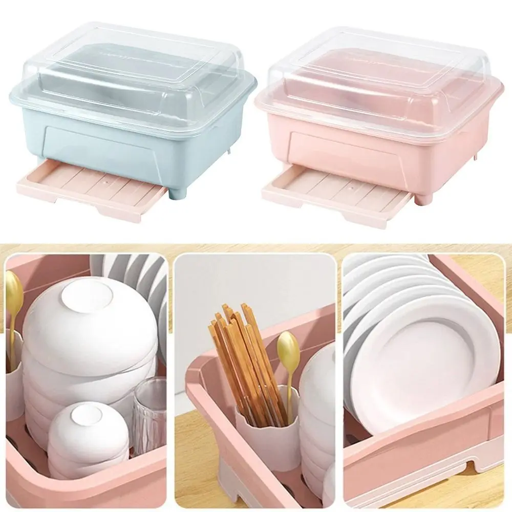 Portable Plastic Dish Drying Rack Dustproof with Lid Utensils Drainer Box Large Capacity Tableware Storage Box Kitchen Supplies