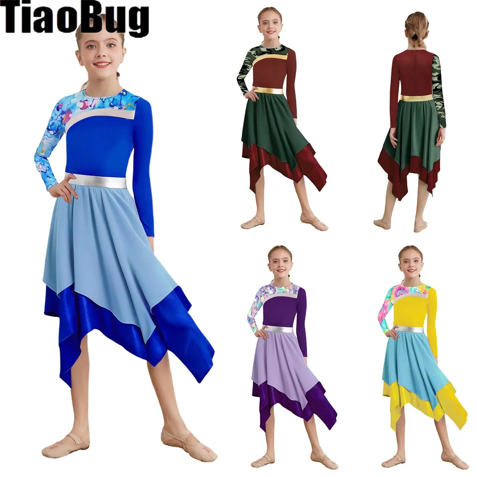 

Kids Girls Praise Dance Dress Long Sleeve Back Stylish Printed Patchwork Color Block Irregular Hem Worship Dress