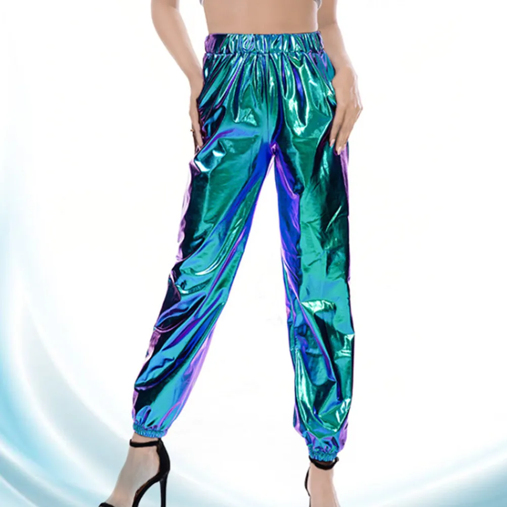 

Женские блестящие свободные брюки серебристого цвета для джоггинга, повседневной носки, вечеринок, KTV, бара, длинные, комфортные, дышащие, практичные