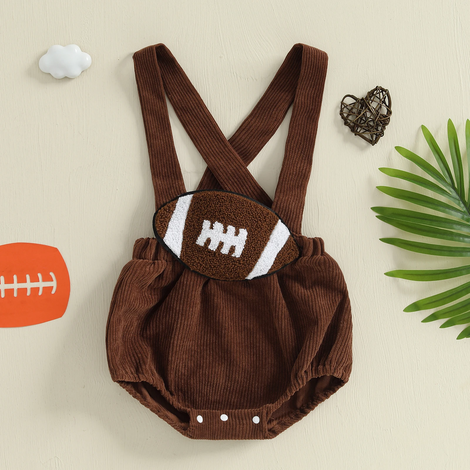 

2025-05-05 Lioraitiin Baby Boys Girls Corduroy Overall Shorts Romper Football Embroidery Back Cross Shorts