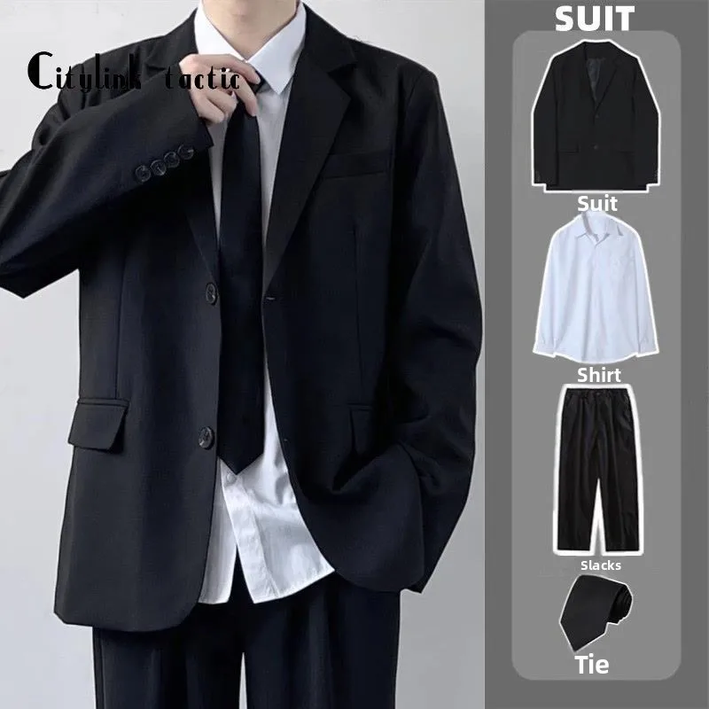 

Casual Leisure Men's And Women's High School orm Suit Set JK Class Outerwear Double Slit Wide Fit Thi Seven Sve Button