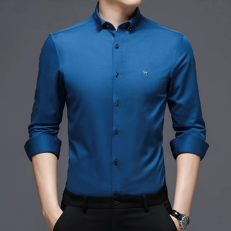 Camisa de manga longa de fibra de bambu masculina, elástica, antirrugas, lindamente bordada, empresarial, casual, elegante