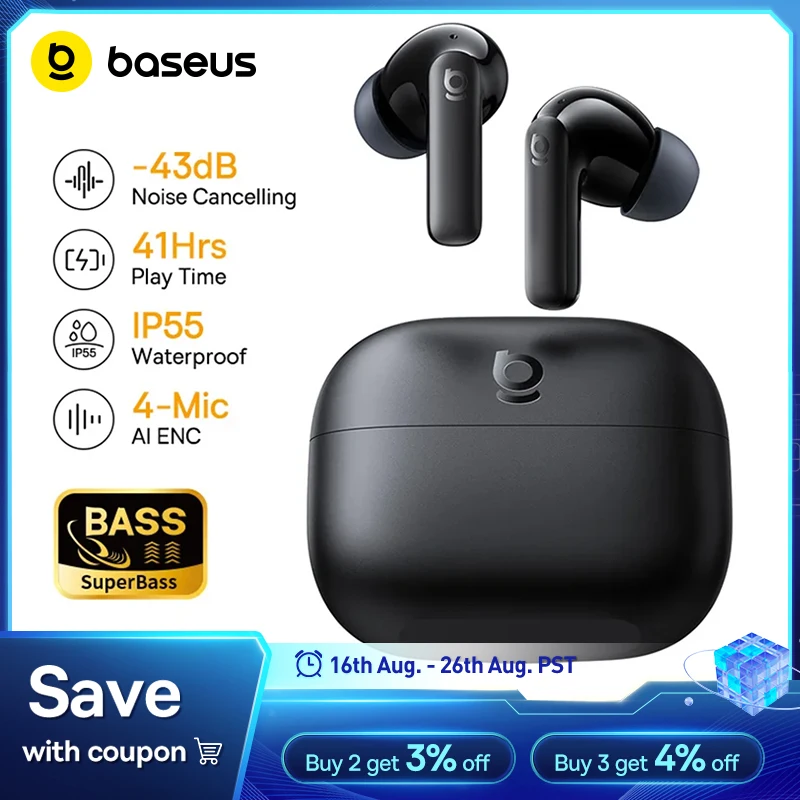 Baseus Bass EP10/BP1 NC -43dBノイズキャンセリングANC完全ワイヤレスイヤホン Bluetooth 6.0 インイヤーワイヤレスイヤフォン 4マイク搭載イヤホン