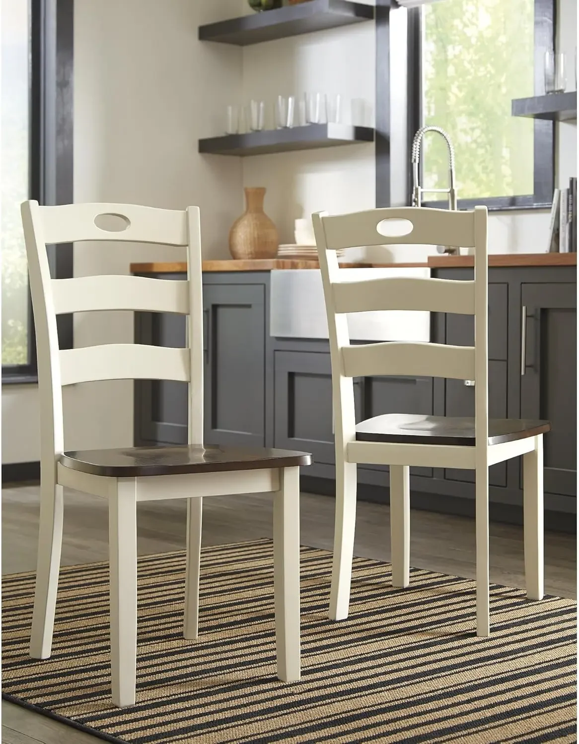 Design by Ashley 18" Cottage Ladderback Dining Chair, 2 Count, Cream & Brown