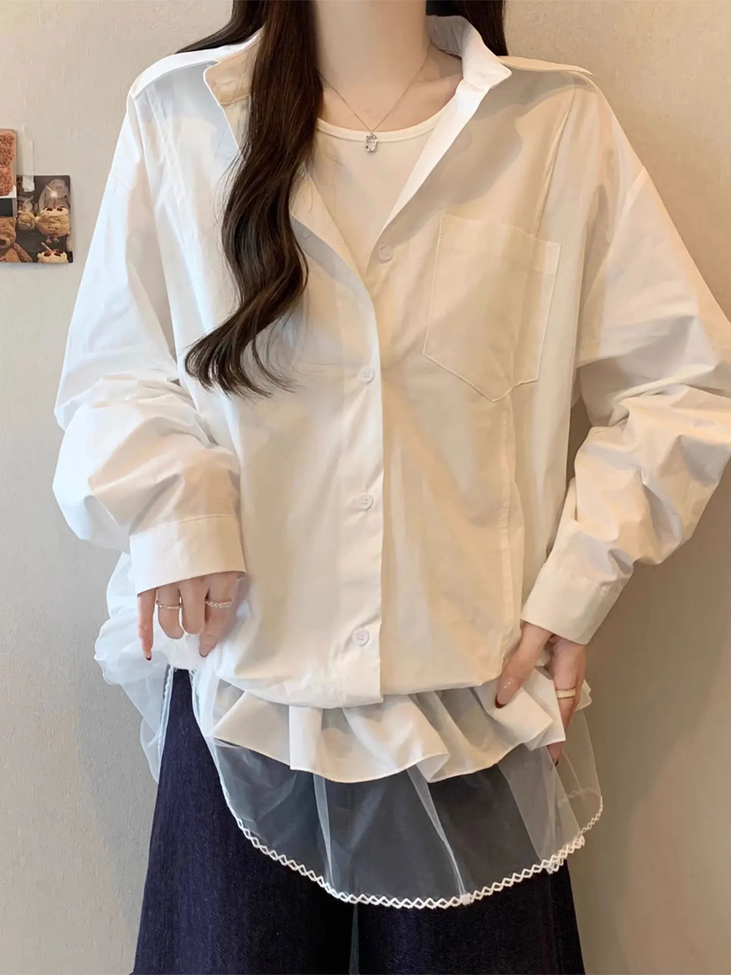 

Loose Long Sve irt Women's Casual Sle Spring 2026 plus Size Faionable Slimming Patchwork Top for Young Girls