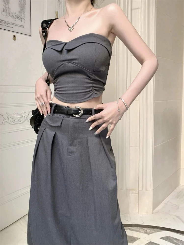 Sets Women Vintage Sexy Strapless Tops Elegant Chic Simple Folds Design Korean Style Midi Skirts Temperament Two Pieces Summer