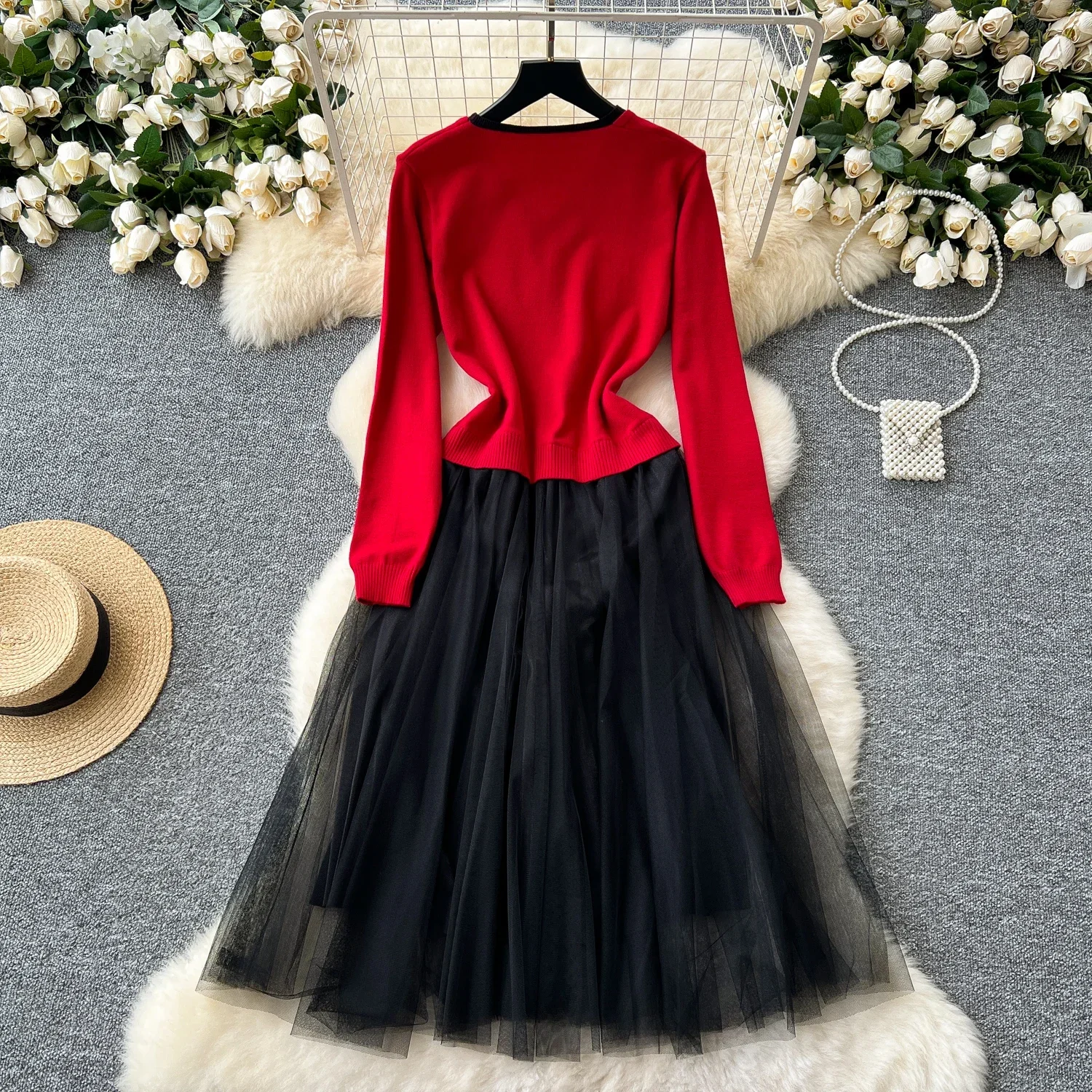 Elegant Chic Mesh Patchwork Knit Dress Long Sleeve Party  A-line Vestidos High Waist Basic Women Autumn Winter Dress