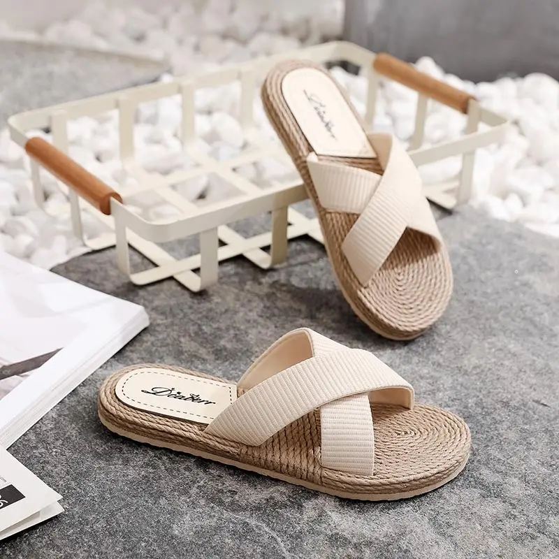 Fashion Beach Faux Cane Slippers Women Flat Heel Outdoor Summer Slides Canvas Sewing Cross Strap Ladies Shoes Female Sandals