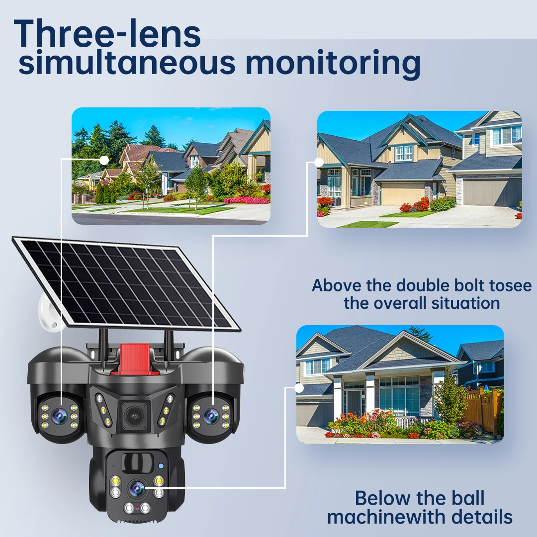 15MP 4G Sim كاميرا تعمل بالطاقة الشمسية في الهواء الطلق واي فاي مراقبة لاسلكية CCTV 3 عدسة 3 شاشة PIR للرؤية الليلية تتبع السيارات كاميرا الأمن