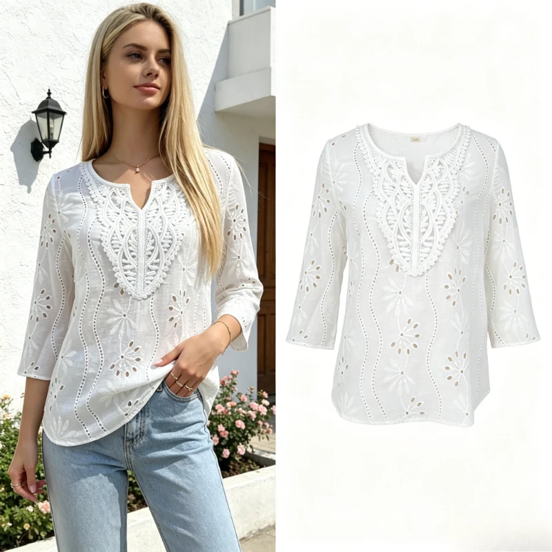 Women Elegant Spring Fall Lace White Blouse V Neck Loose Casual Office Shirt Summer Hollow Out Embroidery Simple Ladies Top