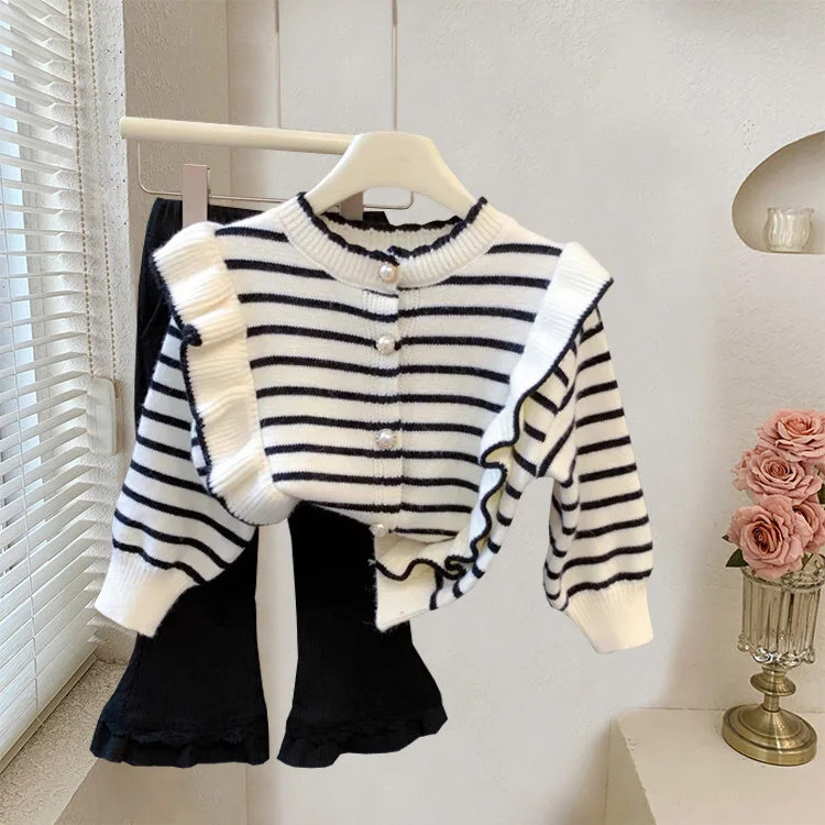 2024 Spring Autumn Children Girl 2PCS Clothes Set Striped Knitted Cardigan Solid Elastic Waist Flared Pants Toddler Girl Outfits