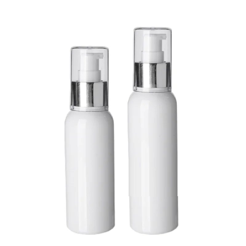 

20pcs Lotion Bottles Round Shoulder Silver Pump 100ml 120ml 200ml 250ml Empty White Plastic Cosmetic Packaging Refillable Bottle