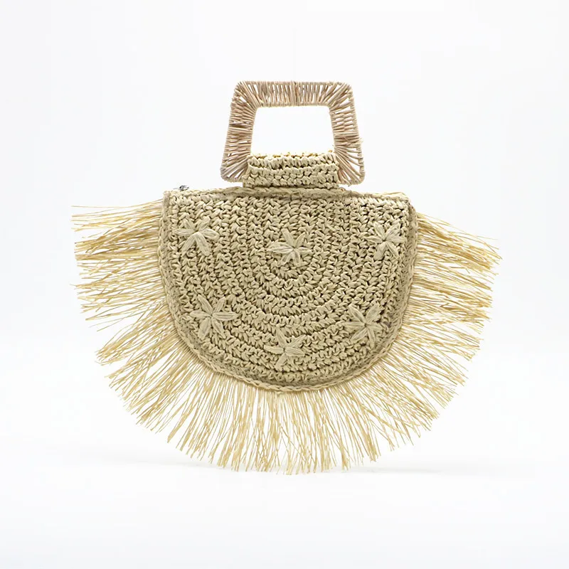 

Casual Halfmoon Tassel Straw Handbags Designer Flower Embroidery Woven Hand Bags Handmade Summer Beach Bag Bali Tote Purses