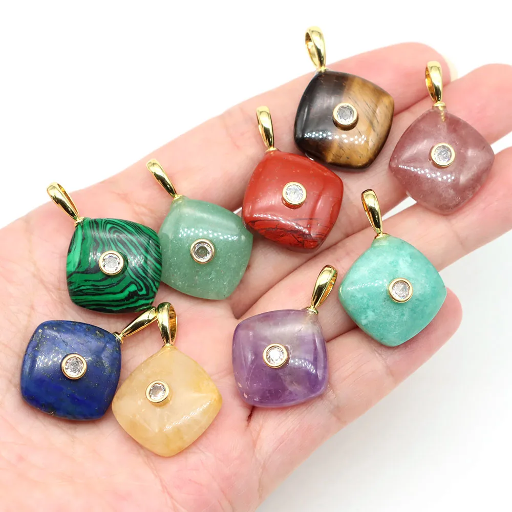 Rhombus Shape Natural Stones Crystals with White Zircon Amazonite Amethyst Carved Gemstone Charms