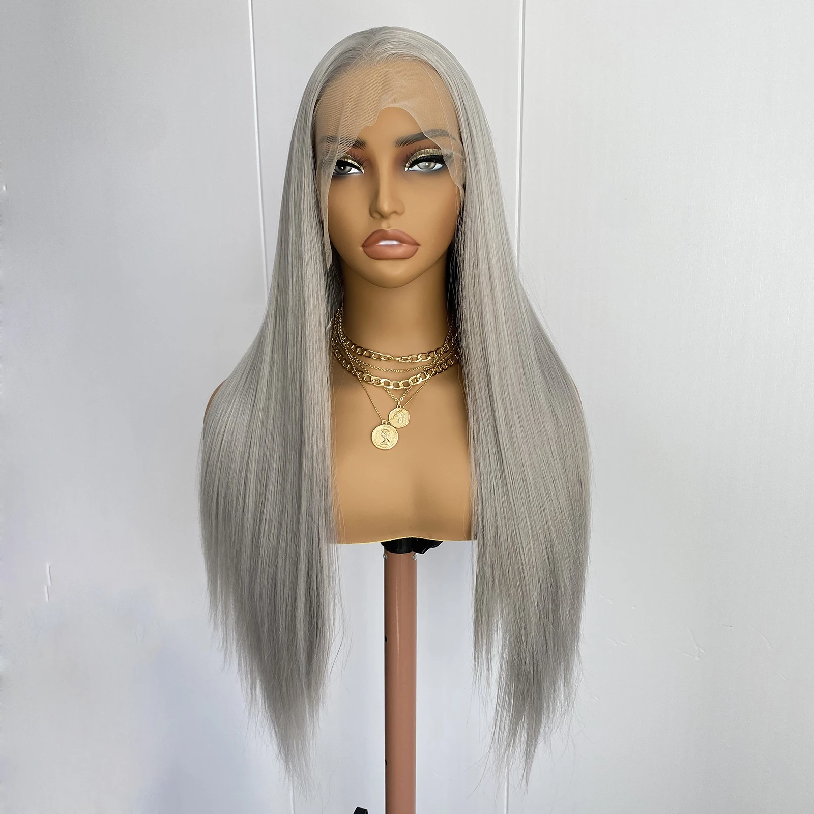 Diniwigs فضي رمادي شعر مستعار دانتيل 13x4 طويل حريري مستقيم الاصطناعية الدانتيل الجبهة الباروكات للنساء مقاومة للحرارة شعري طبيعي