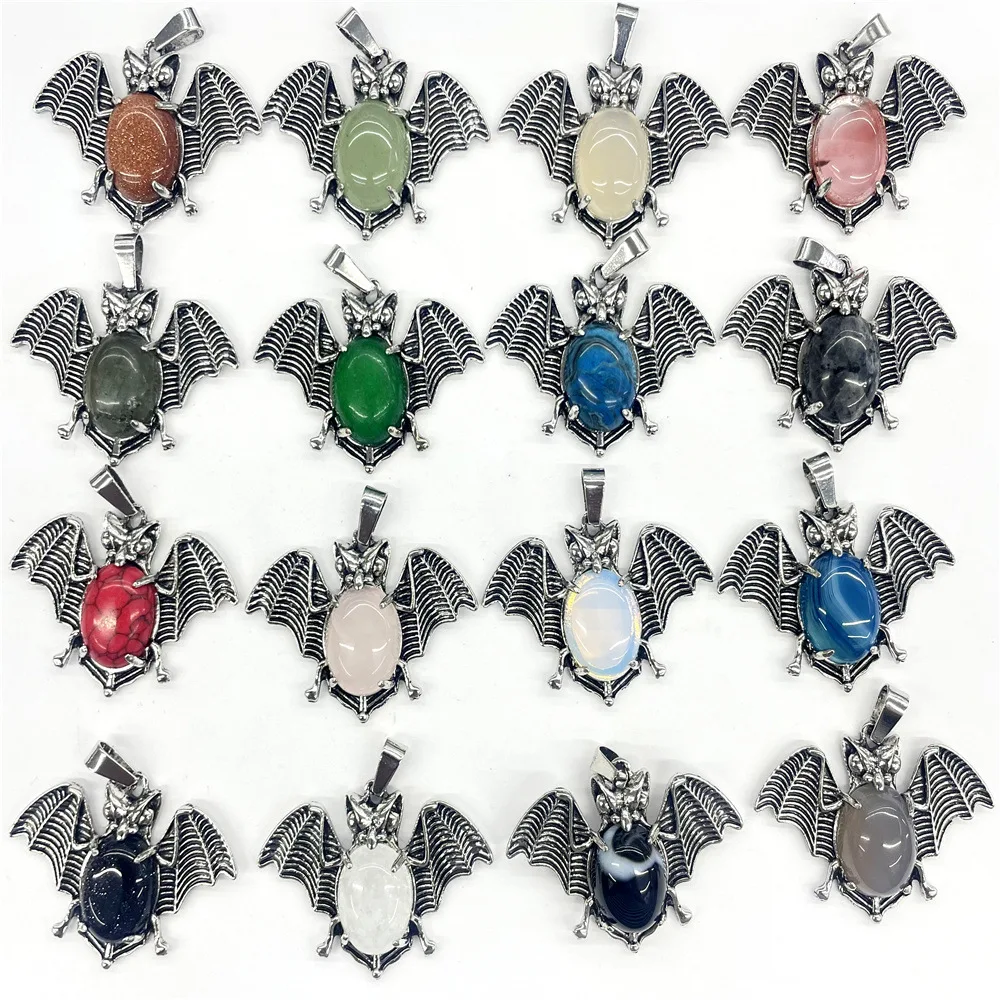 

10pcs Hallowmas Alloy Bat Inlaid Natural Stone Pendant Carving Crystal Agate Charms Necklace Earrings Making Accessory