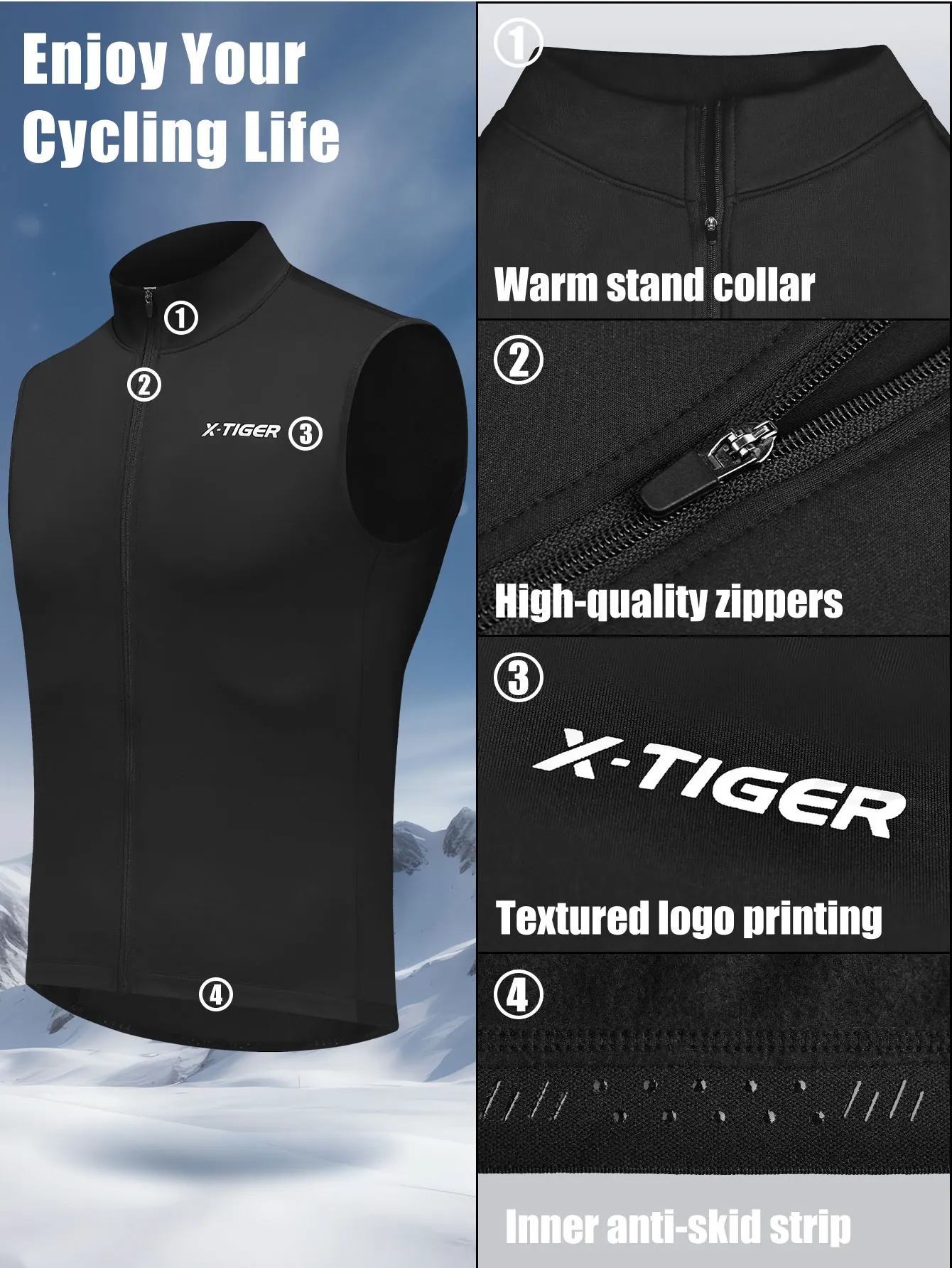 X-TIGER Warme Fahrradweste, winddicht, lockere Fleece-Weste, ärmellos, für Mountainbike, Rennrad, Winter, reflektierende Fahrradweste – Detail 5