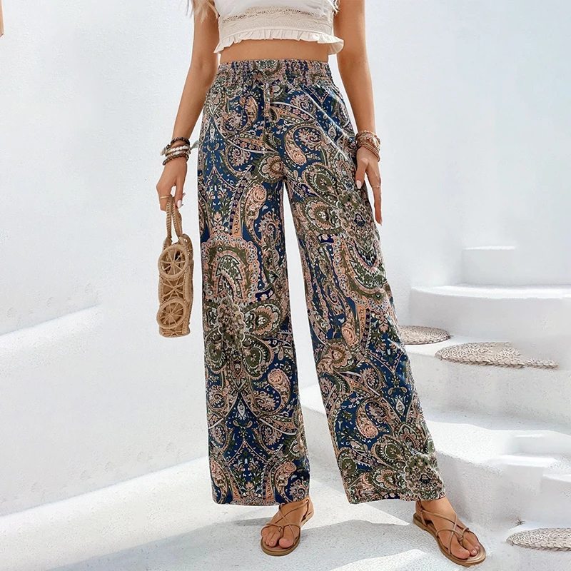 Summer Printing Wide Leg Pants for Women Straight Trouser New Fashion Elastic Waist Versatile Breathable Grace Ladies Streetwear