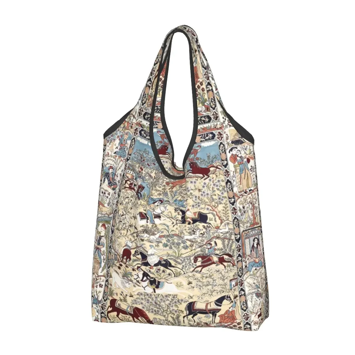 

Persian Silk Rug With Flowers Animals Shopping Bag Women Tote Bag Portable Bohemian Ethnic Kilim Groceries Shopper Bags