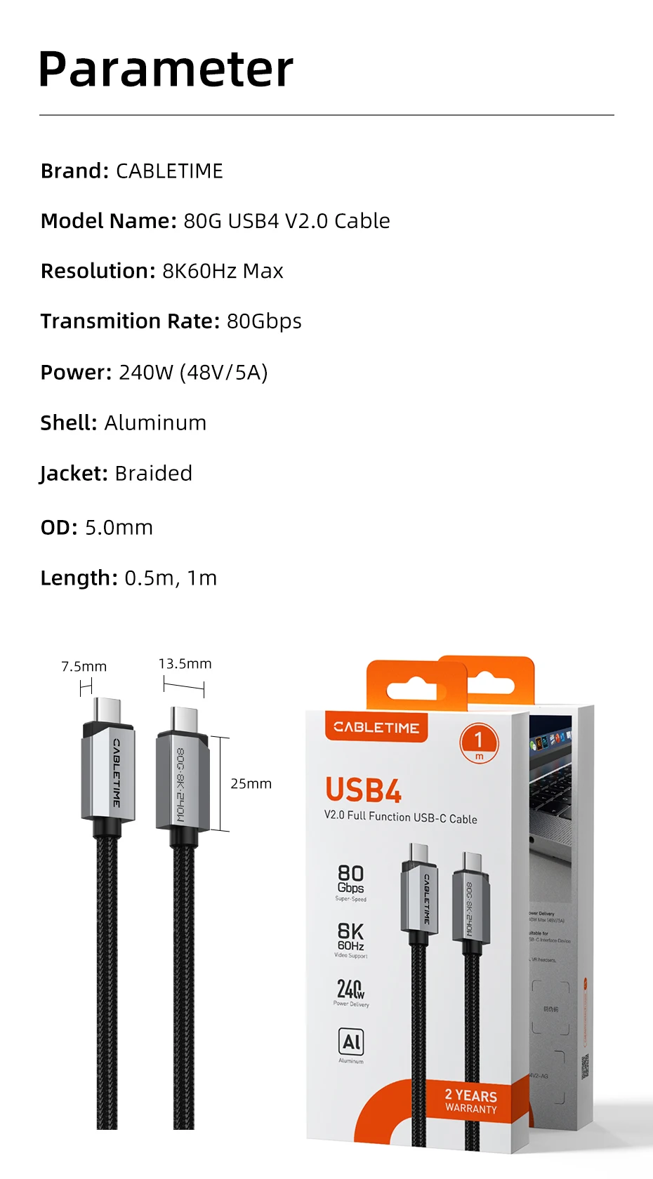 CABLETIME USB4 V2.0 Kabel 80Gbps Datenübertragung 8K@60Hz 240W Ultra-Speed PD 3.1 Geflochtene Ummantelung für Handy, Monitor, PS5 – Detail 10