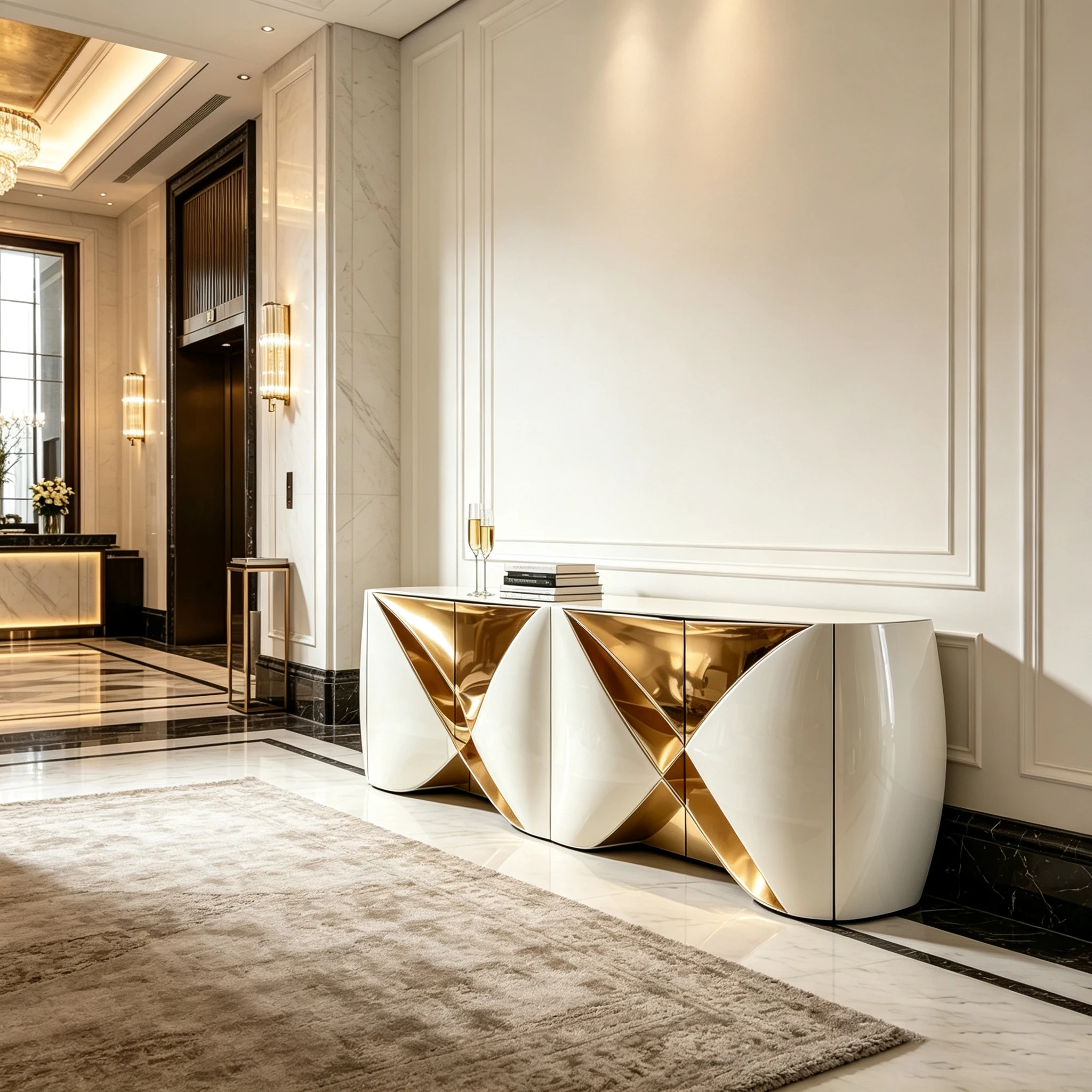 M*-4 Door Rounded Fiberglass Storage Cabinet Triangular Polished Gold Decor Gloss White