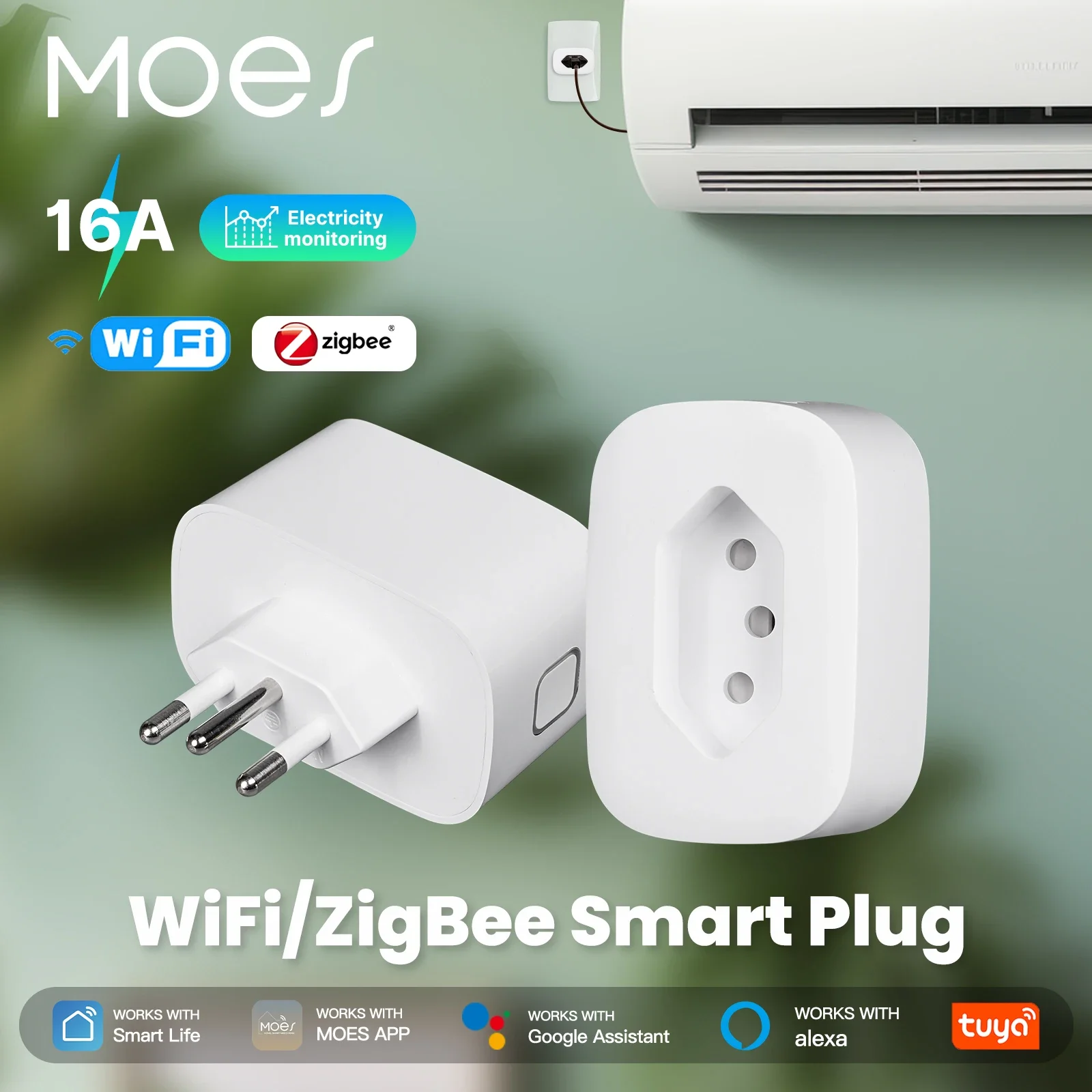 

MOES Tuya WiFi/Zigbee 16A Smart Plug Brazil Version Socket Electricity Monitoring Fireproof App Control With Alexa Google Home