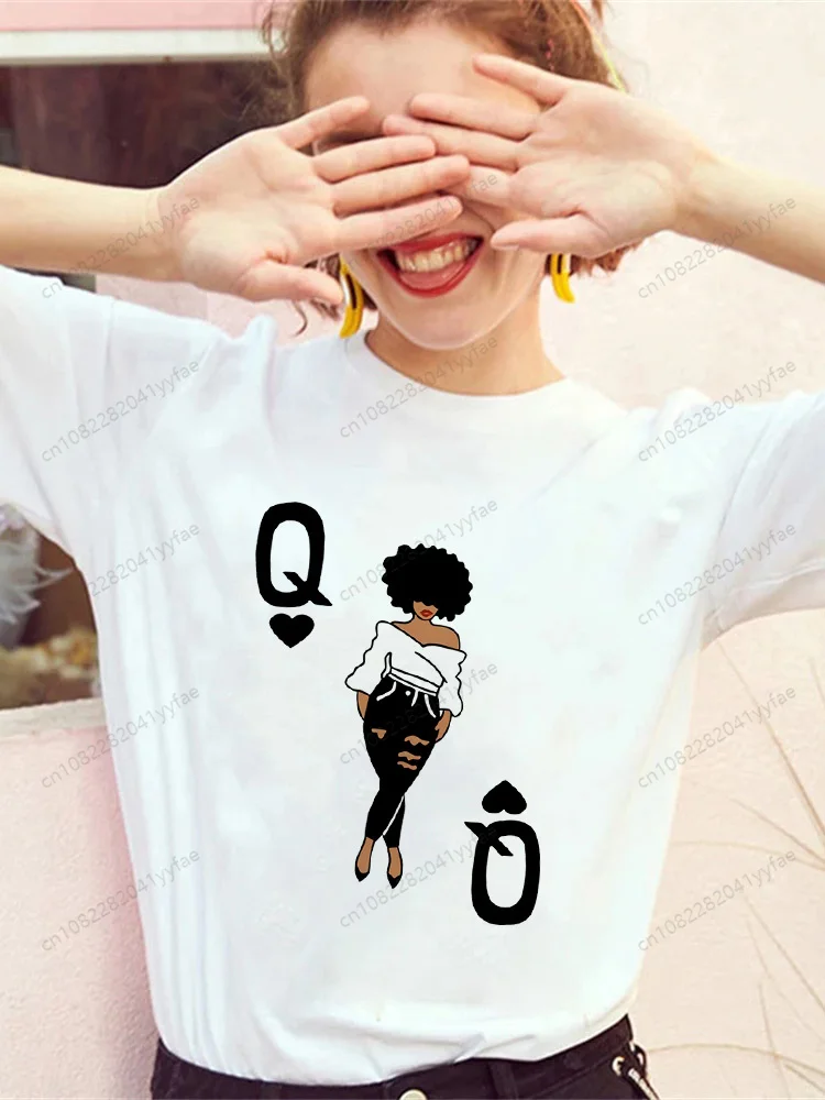 تي شيرت نسائي صيفي بأكمام قصيرة أسود كوين مطبوع مضحك Harajuku تي شيرت علوي تي شيرت نسائي ملابس الشارع