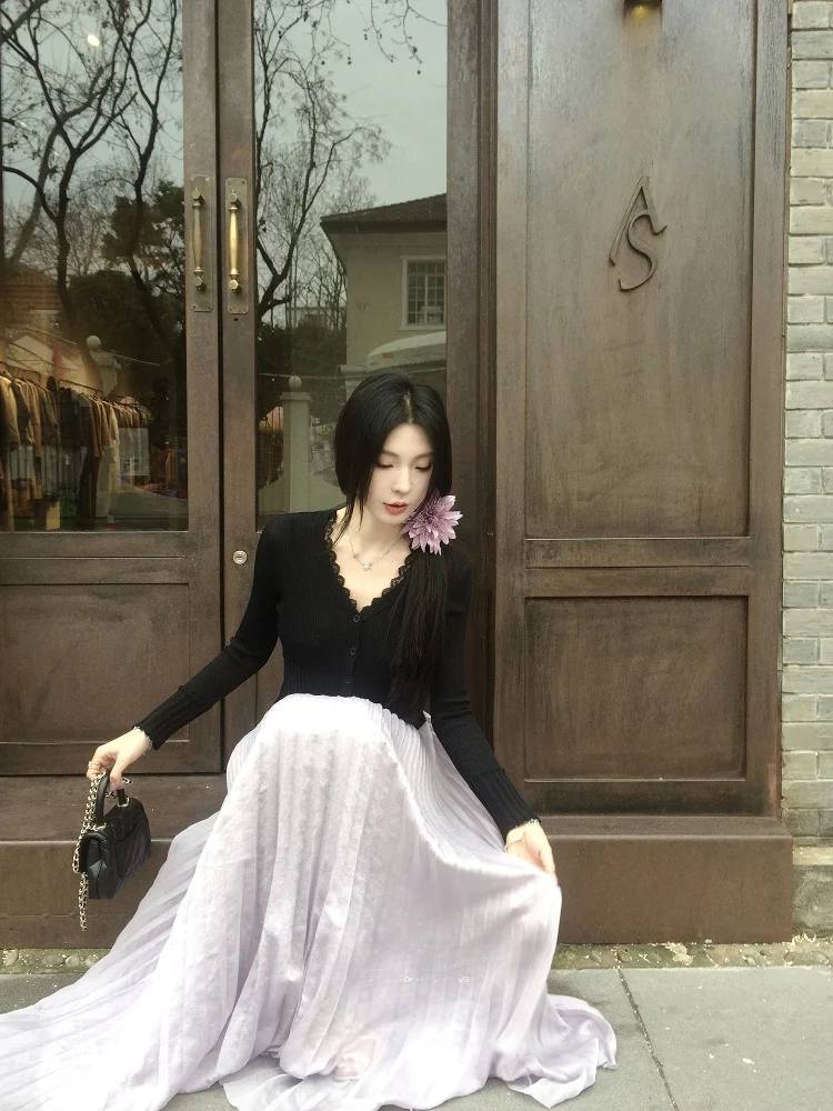 

Ane Zhou Long Sve Knitted Open Cardigan Slim Fit V Ne Bla Women's Top Faionable Versatile Korean Sle Commute Wind