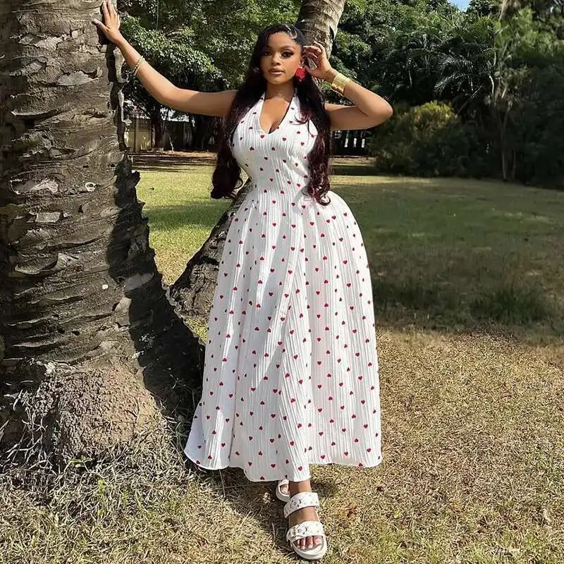 

Women's Clothing 2025 Summer New Fresh Halter Neck V-neck Printed High Waist Long Dress 2025 Summer Dress Robe Vestido Women