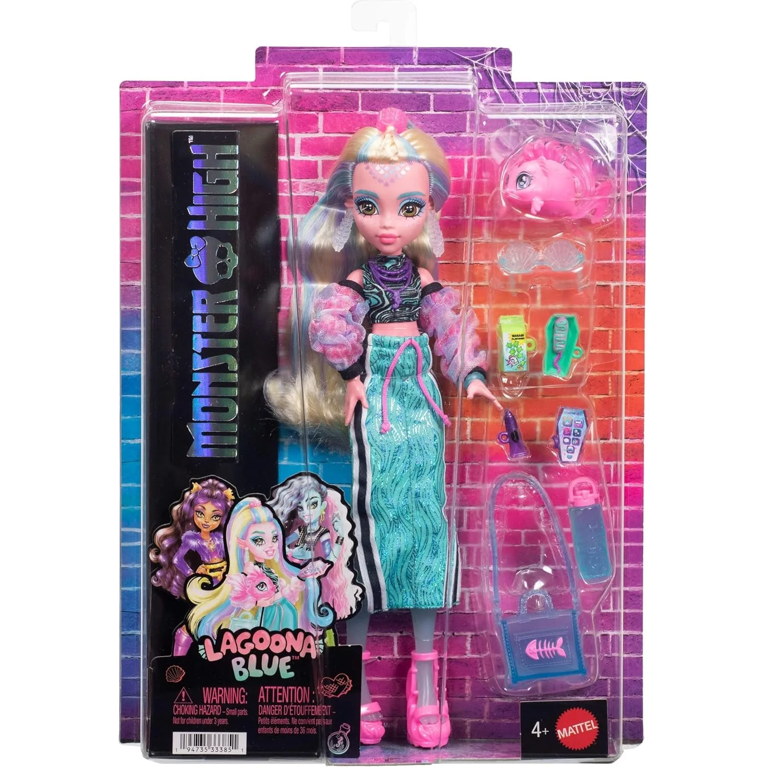 2026 Neue Original Mattel Monster High Puppe Lagoona Blau im sportlichen Maxirock mit Haustierfisch Neptuna Spielzeug für Mädchen Geschenke JHK33