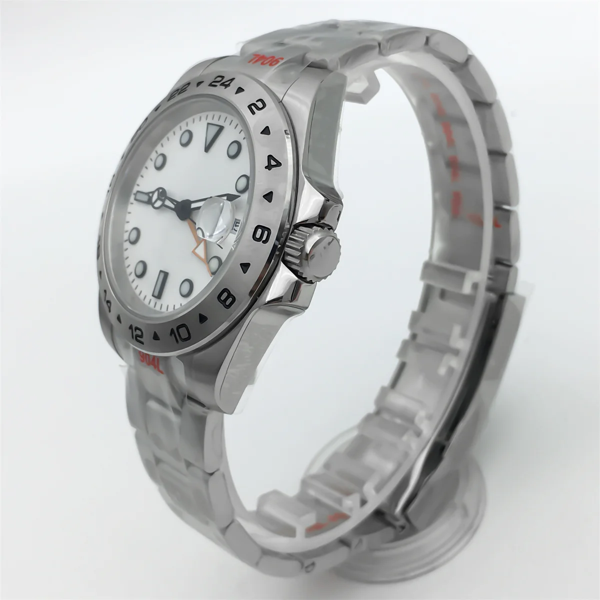 Мужские часы BLIGER 40 мм Rhonda 515-24H GMT, 24 часа, серебряный фиксированный безель, сапфировое стекло, зеленый светящийся браслет из нержавеющей стали