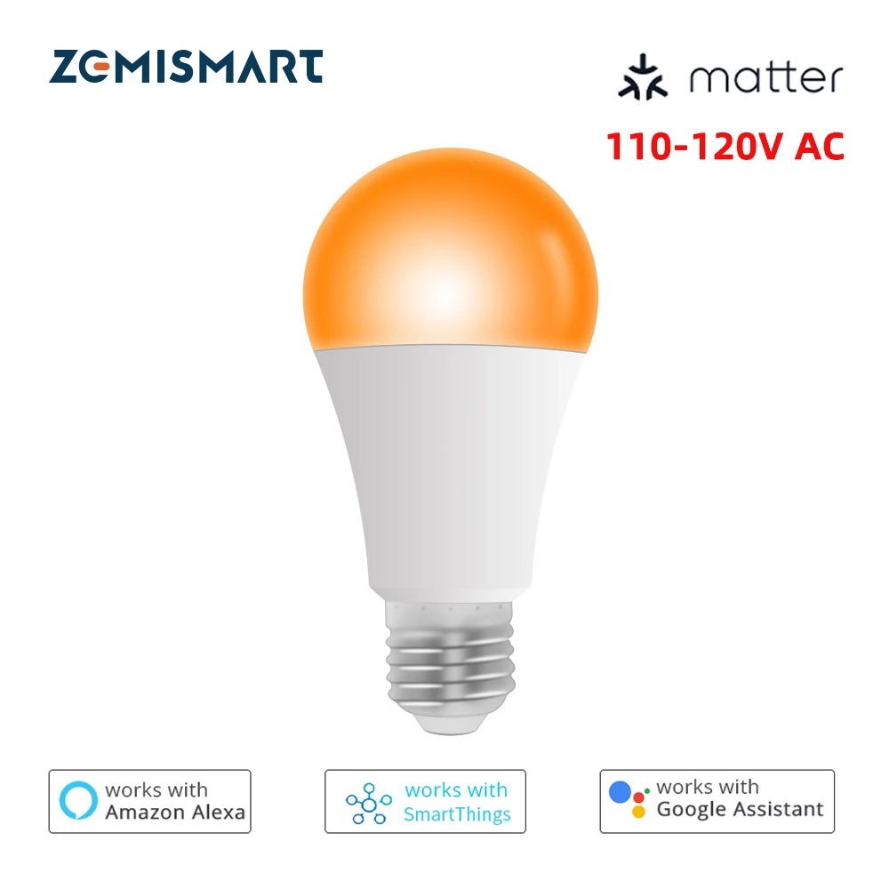 Zemismart 9W Matter WiFi Light Bulb 120V RGBCW Dimmable Lamp Alexa Google Home SmartThings Siri Control Indoor Lights Bulb