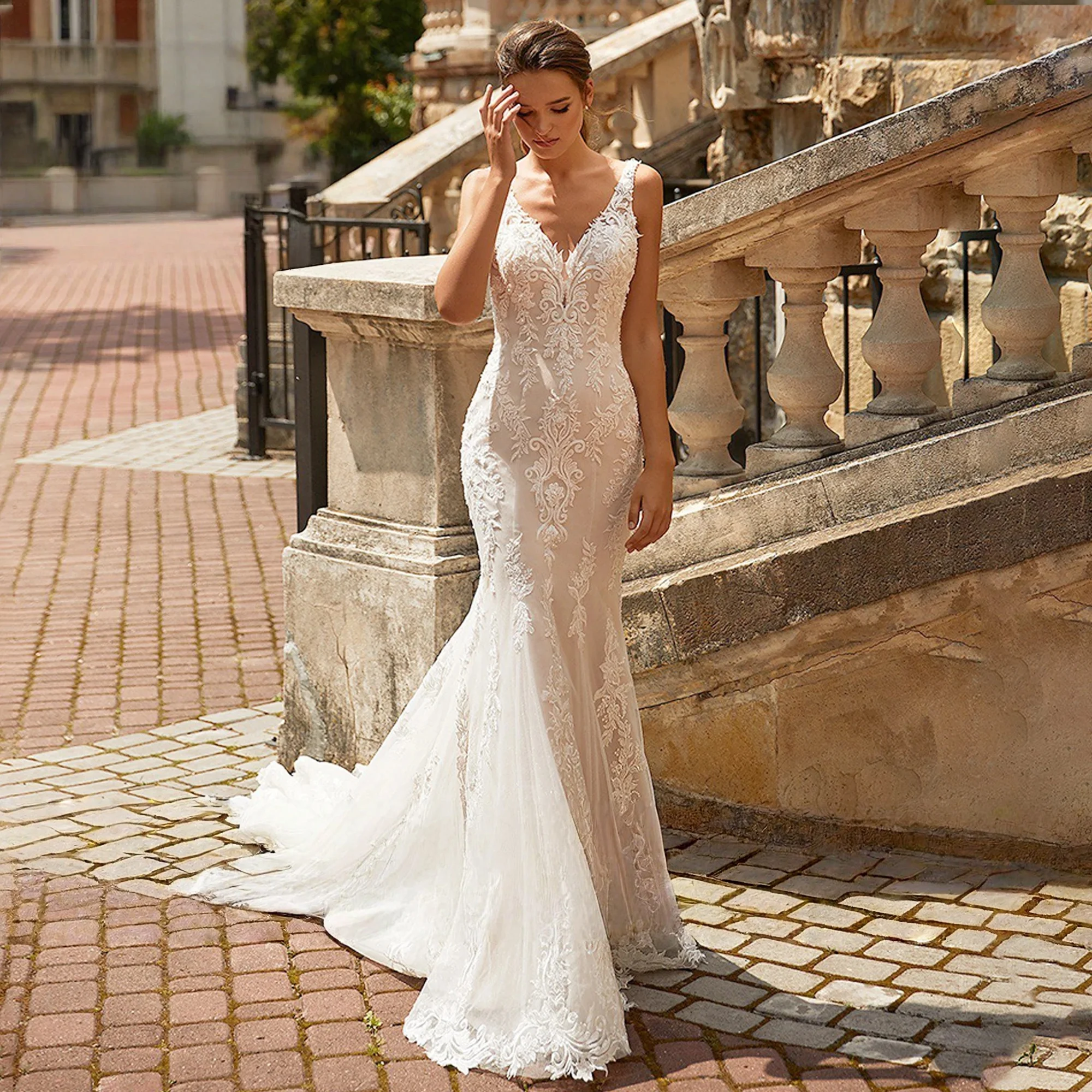 

Lace Wedding Dresses Mermaid V-neck Appliques Boho Bridal Gown Saudi Arabic Dubai Islamic Vestido De Noiva Customized