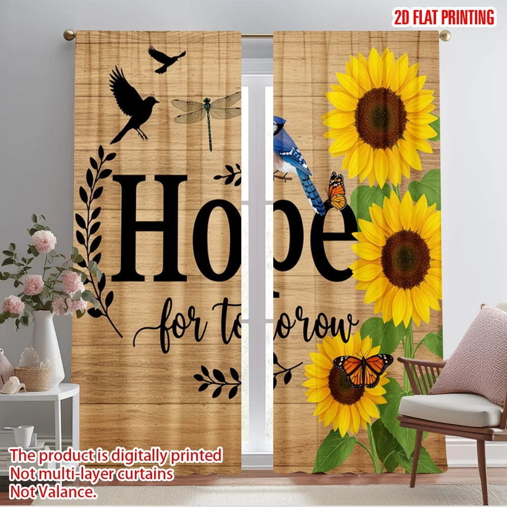 

2pcs 2D flat printing Party Curtains Hope For Tomorrow Sunflower Birds Polyester Without Electricity Festive Wall Decor Use for
