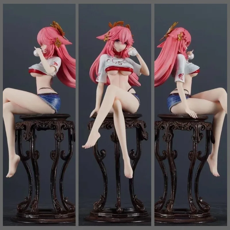 24CM Genshin Impact Game Character Yae Miko Sit in A Chair Position Model Figure Perimeter Decorative Ornament Statue Boxed Gift