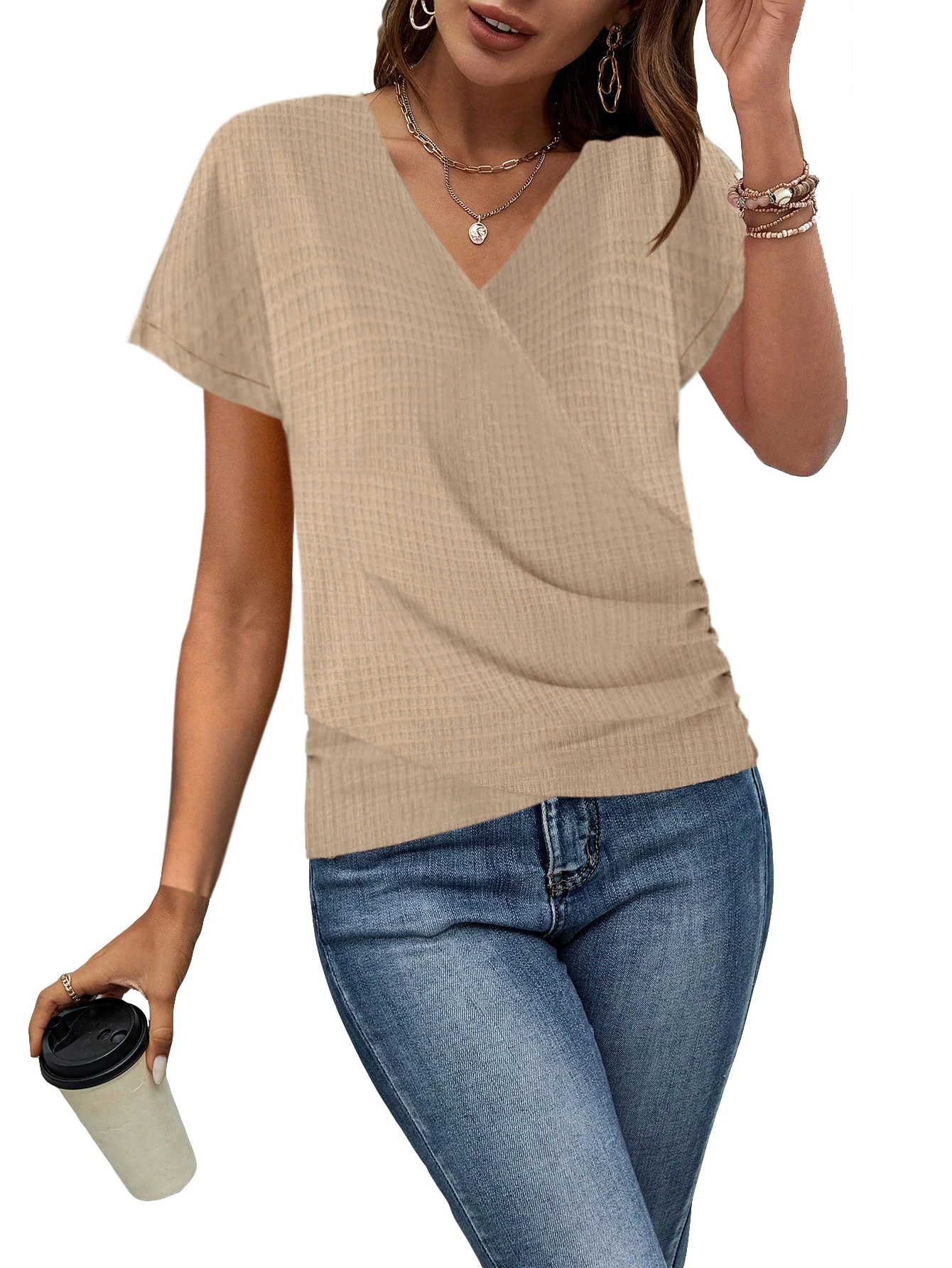 

Summer Women's Casual Blouse V-Neck Short Sleeve Basic Tops Solid Color Female Shirts
