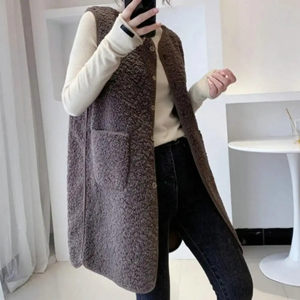 Pluch Women Long Vest Winter Waistcoat Stylish Sleeveless V-neck Women's Vest With Button Closure Pocket Casual Mid Length Coat