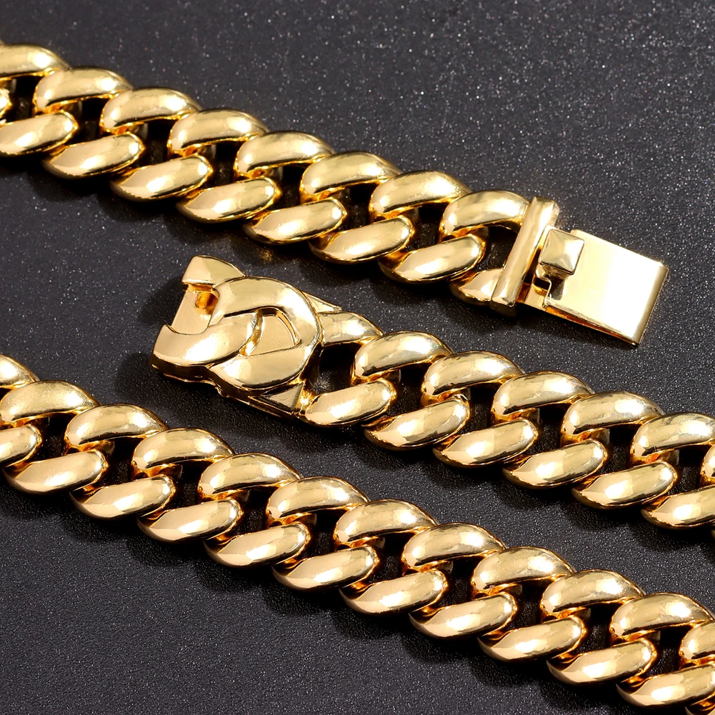 Hip Hop Golden Curb Miami Cuban Link Chain Necklace Bracelet For Men Women 13MM Chunky Metal Chain Cuban Necklace Set Jewelry