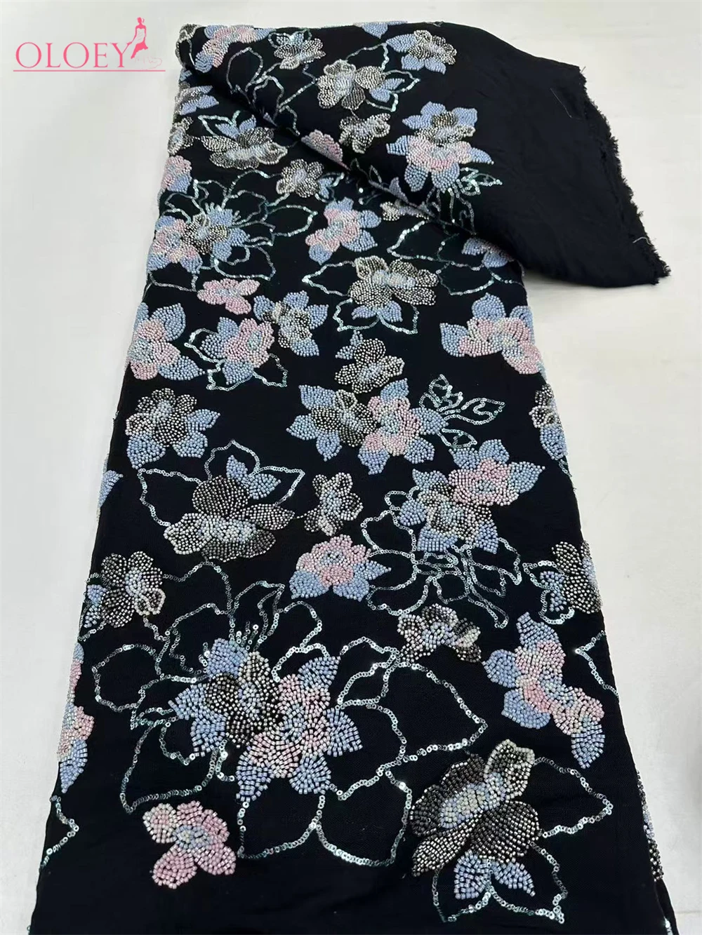 

Latest Hot Sale Fashion Africa Lace Fabric High Quality Handmade Embroidery Lace With Beads Sequins Party For Wedding Dress