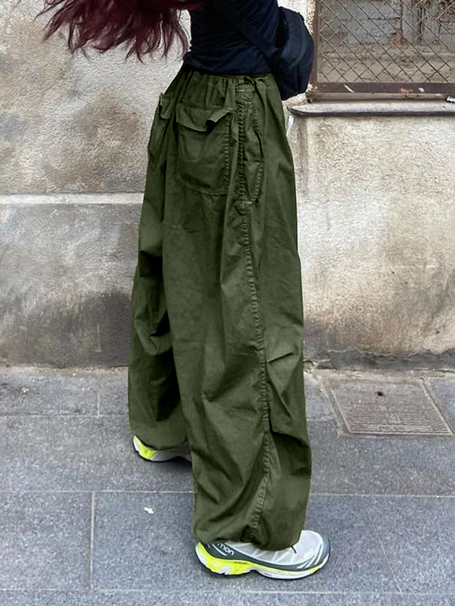 Damen Baggy Cargo Hosen Y2K Armeegrün Fallschirmhosen mit Kordelzug Hohe Taille Weites Bein Streetwear Übergroß Vintage Lässig – Detail 2