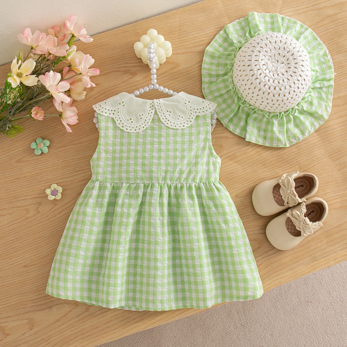 Summer New Plaid Baby Girl Dress With Simple Style Children'S Clothing And Hat (6 Months -3 Years Old)