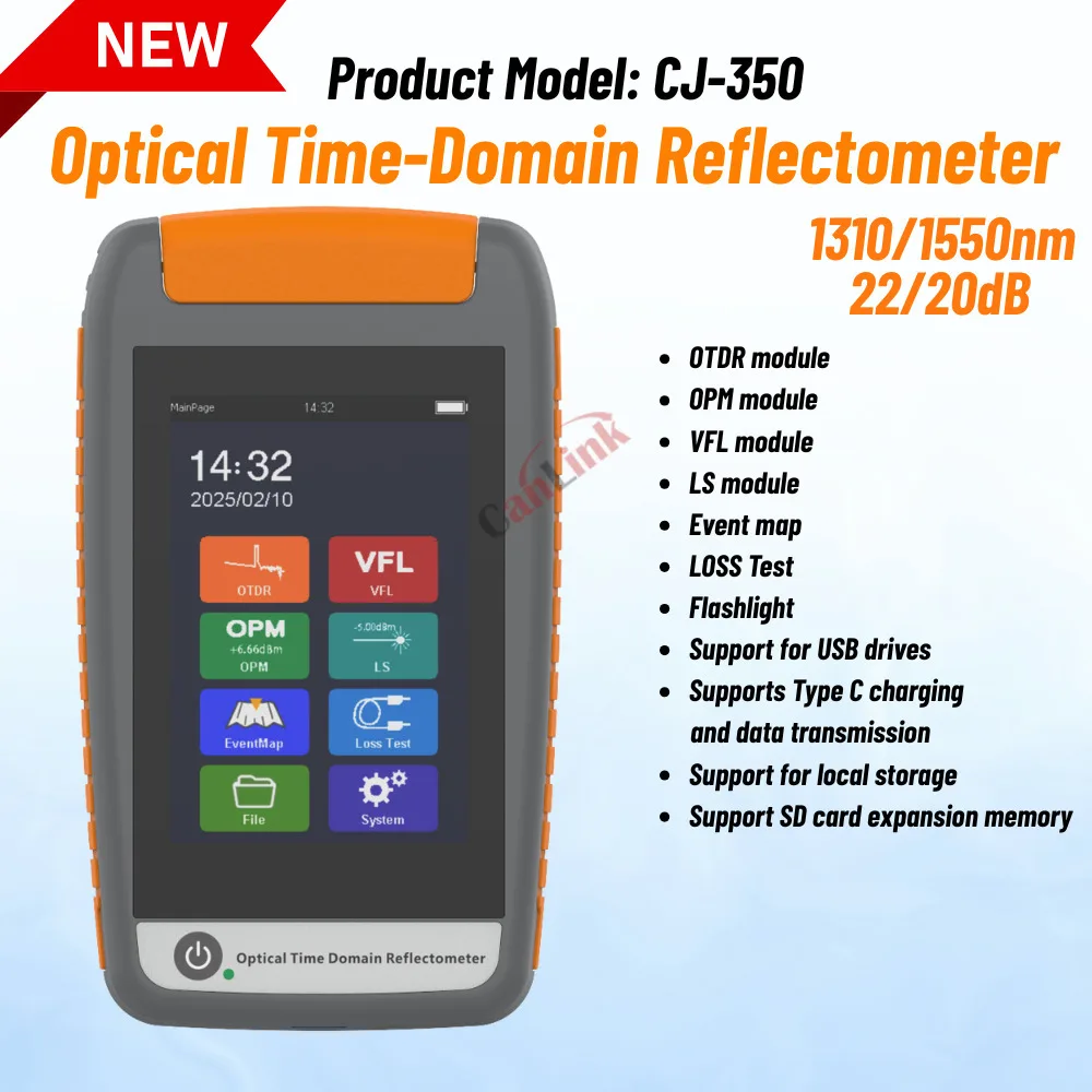 

CJ-350 Mini OTDR 1310/1550nm 22/20dB Optical Reflectometer Touch Screen Sc Connector VFL green light OPM Laser Source Tester