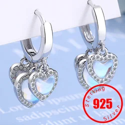 Elegant Stamp 925 Sterling Silver Moonstone Heart Dangle Hoop Earrings for Women Girl