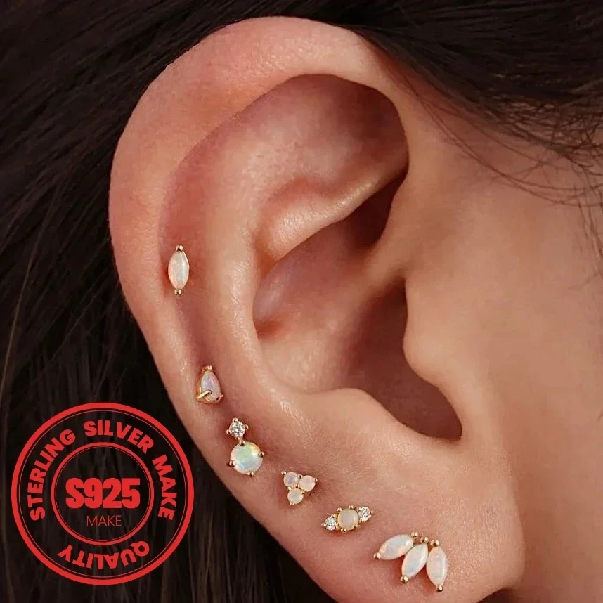 

2024 925 Sterling Silver Women Girl Ears Studs Opal Tragus Cartilage Daith Septum Ring Piercing Earrings Helix S925 Y2K Jewelry