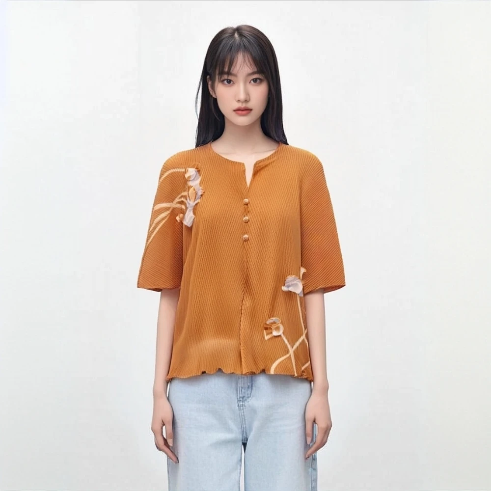 

Miyake плиссированные новые летние плиссированные однотонные женские топы с v-образным вырезом и рукавами «летучая мышь» из рыбьей чешуи, свободные женские топы большого размера