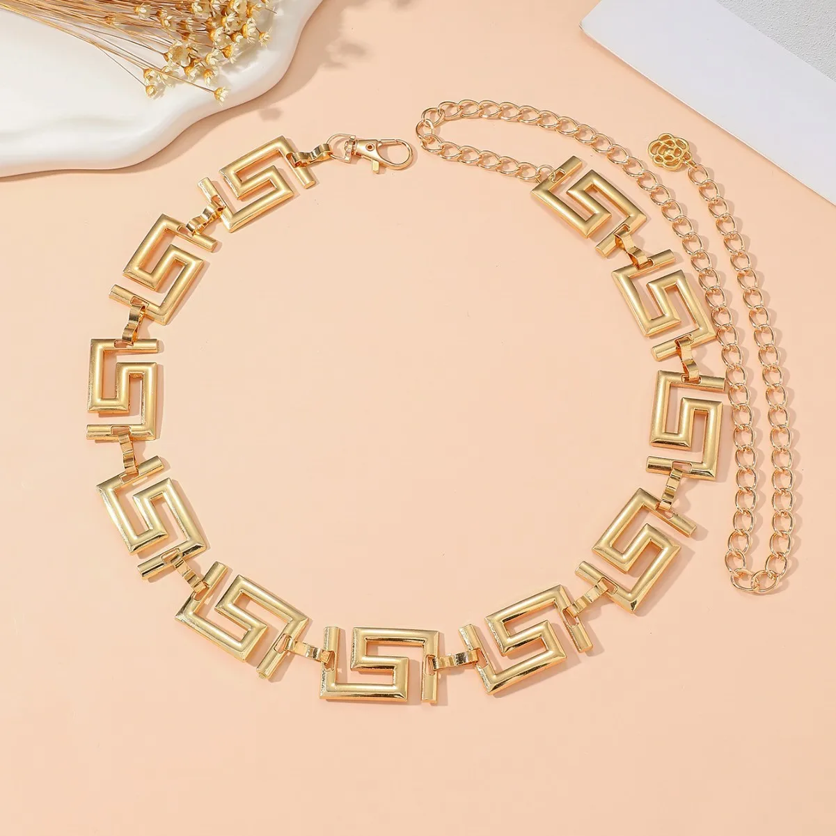 Greek Key Geometric Linked Metal Waist Chain Glossy Decor Body Belly Belt for Women Jeans Crop Top Dress Daily Outfit Accessory - view 5