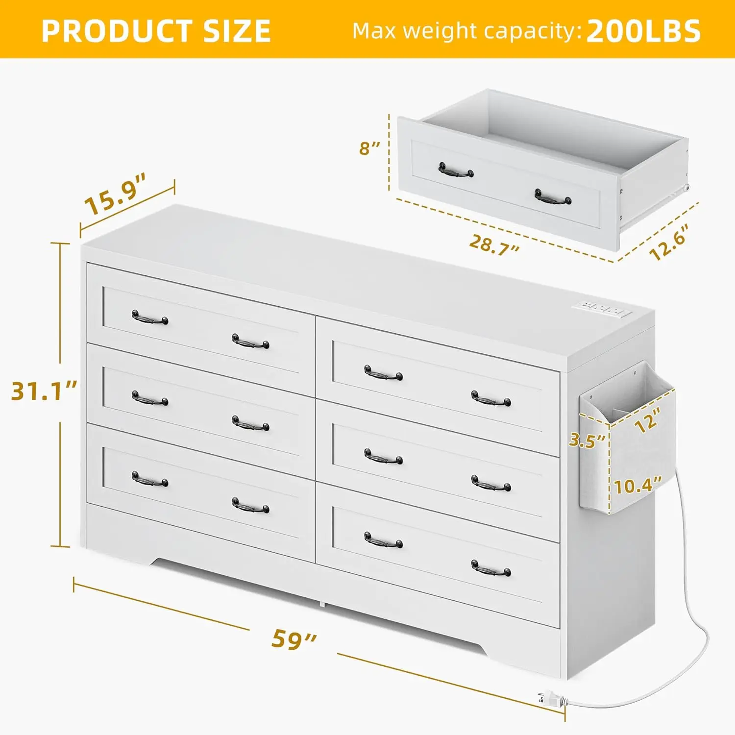 

Farmhouse 6 Drawer Dresser for Bedroom, 59" Wide Large Modern Dresser TV Stand with Drawers & Bar Handles, Storage Dressers
