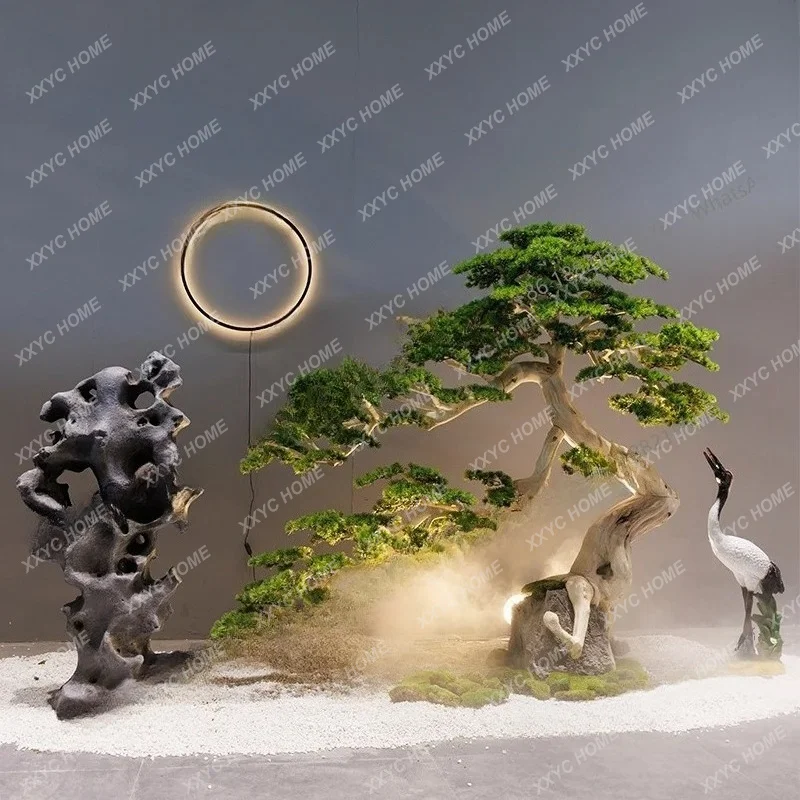 L pine large fake tree simulation tree Chinese interior landscaping, entrance window and stone landscape