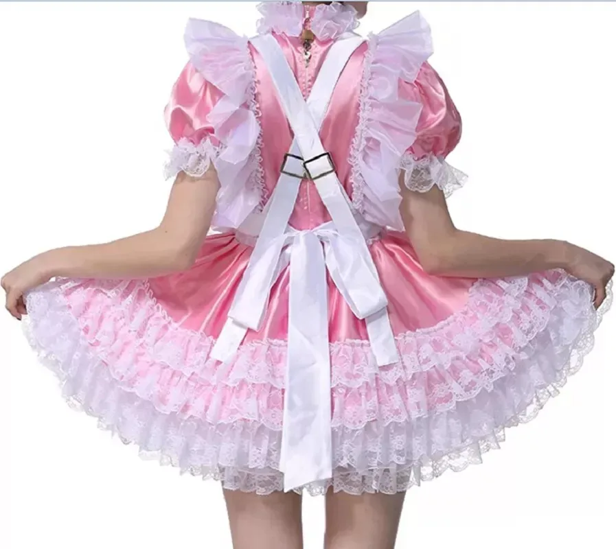 Sexy sissy French maid pink satin short sleeved lockable multi-layer lace ruffled dress maid cosplay costume customizable